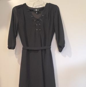 Black Dress Tie Up V Neckline, Sheer 3/4 Sleeve